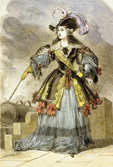 Anne Marie Louise d'Orleans firing the guns of the Bastille (colour engraving)