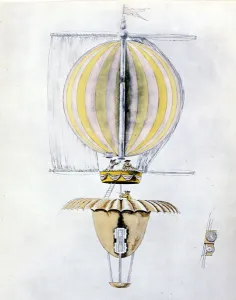 Anonymous drawing of a sailing airship balloon with a cone parachute Anonymous drawing of a sailing airship balloon with a cone parachute