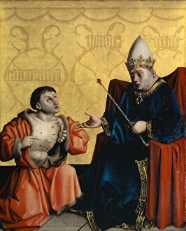 Altar Piece Gallery: Antipater kneeling before Juilus Caesar from the Heilspiegel Altarpiece, c