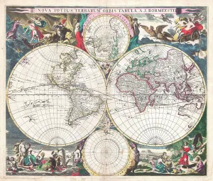 Mapmaking Gallery: Antique Double-Hemisphere World Map, 1686 (coloured coloured engraving