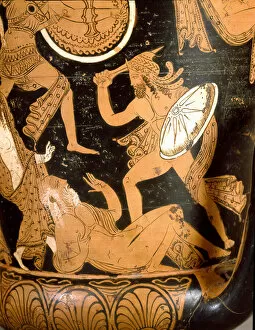 Antiquite etrusque: bell crater representing the destruction of Troy: detail representing Priam killed by Neoptoleme