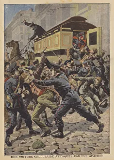Apaches attacking a prison van in Paris (colour litho) Apaches attacking a prison van in Paris (colour litho)