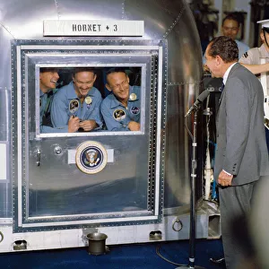 Apollo 11 Crew In Quarantine on USS Hornet welcomed by President Nixon, 1969 (colour photograph) Apollo 11 Crew In Quarantine on USS Hornet welcomed by President Nixon, 1969 (colour photograph)