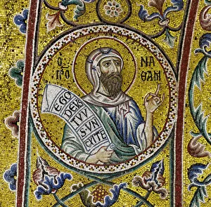Apsidal arch: Prophet Naum?, byzantine school mosaic with a golden background (mosaic)