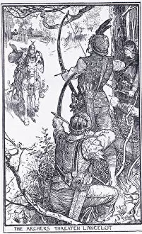 Arthurian Romance Gallery: The Archers threaten Sir Lancelot, illustration from The Book of Romance published by Longmans Green and Co