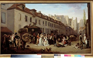 The Arrival of a Diligence in the Courtyard of Messageries Painting by Louis Leopold