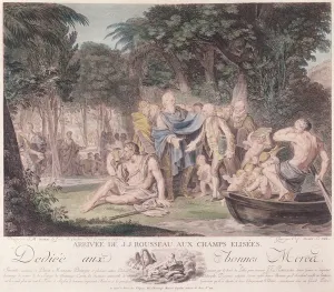 Arrival of Jean-Jacques Rousseau (1712-78) in the Elysian Fields, 1782 (colour engraving) Arrival of Jean-Jacques Rousseau (1712-78) in the Elysian Fields, 1782 (colour engraving)