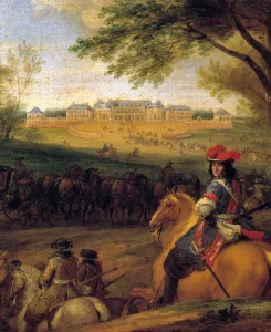 Arrival of King Louis XIV (1638-1715) precede the bodyguards in view of the old castle of Arrival of King Louis XIV (1638-1715) precede the bodyguards in view of the old castle of