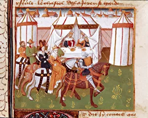 Arrival of knights at the feast given by King Arthur and Queen Guenievre at Camelot (Camaloth or Camaaloth) Arrival of knights at the feast given by King Arthur and Queen Guenievre at Camelot (Camaloth or Camaaloth)