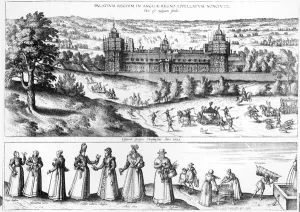 Arrival of Queen Elizabeth I at Nonesuch Palace and men and women from Tudor society Arrival of Queen Elizabeth I at Nonesuch Palace and men and women from Tudor society