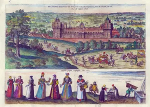 Arrival of Queen Elizabeth I at Nonesuch Palace and men and women from Tudor society Arrival of Queen Elizabeth I at Nonesuch Palace and men and women from Tudor society