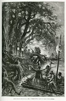 Arrival of the raft of Dr. Crevaux and E. Lejeanne, on the banks bordering the village of