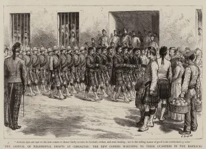 Godefroy Durand Gallery: The Arrival of Regimental Drafts at Gibraltar, the New Comers marching to their Quarters in the Barracks (engraving)