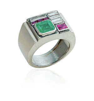 Diamonds Gallery: Art deco ring, c.1920 (emerald, diamonds & synthetic rubies)