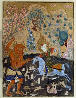 Art Islam: Page of a falnama: Iman Reza fights a Div (demon). Painting in ' Livre des presages', 1550