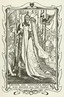 Arthurian Legend Collection: Arthur and Guenevere kiss before all the people (engraving)