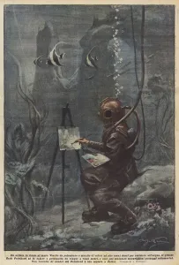An artist at the bottom of the sea (colour litho) An artist at the bottom of the sea (colour litho)