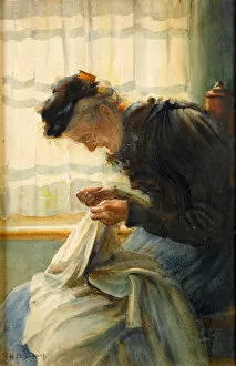 The Artist's Mother Sewing by the Window (w/c)