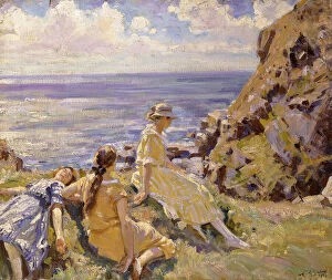 Glehn Gallery: The Artists Nieces on the Cliffs at Frying Pan, Cadgwith, Cornwall, 1920 (oil on canvas)