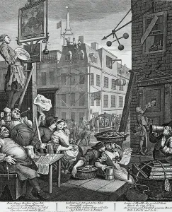 Prints of DGA1086021 Beer Street, London, engraving by William Hogarth (1697-1764), United Kingdom, 18th century by Hogarth, William (1697-1764); (add.info.: Beer Street, London) H Prints: William Hogarth's Beer Street, London Print (18th century)
