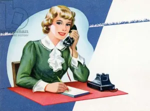 1950s Secretary at the Office, Colour Litho Print (1952)