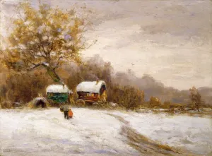 Caravan Prints: Gypsy Caravans in the Snow Print (Oil on Canvas)