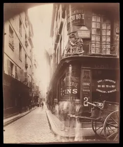 Prints of 3036258 Rue des Nonnains, 1900 (silver print) by Atget, Eugene (1856-1927); (add.info.: Rue des Nonnains d Hyeres with a Wine Merchant by Eugene Atget (French, 1857-1927); silver print France Prints: Eugene Atget's Rue des Nonnains, 1900 Silver Print