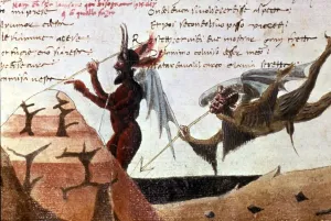 Illuminated Manuscript Miniatures Prints: The devils in a circle of hell after a handwritten edition of the Divina Commedia
