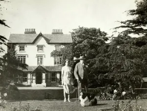 Prints of 3913143 Edward Elgar and daughter Carice with Marco the spaniel at Marl Bank, Worcester, 1932; (add.info.: Edward Elgar and daughter Carice with Marco the spaniel at Marl Bank, Worcester, 1932) Worcester Prints: Edward Elgar Print with Daughter and Spaniel at Marl Bank, 1932
