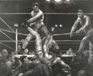 Sport Prints: Print of Dempsey and Firpo, a lithograph depicting a boxer's knockout blow