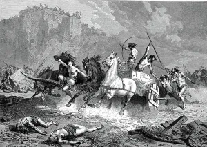 Ancient Greek Warriors Prints: Atlantean tanks, warriors on tanks. Engraving 1877