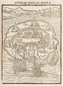 Unknown Artist Prints: Utopia Island Map Woodcut Print 1516