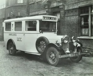 Prints of GHL1787423 Exterior of a London County Council ambulance, 1935 (b/w photo) by English Photographer, (20th century); London Metropolitan Archives Ambulance Prints: Exterior of a London County Council ambulance, 1935 Print