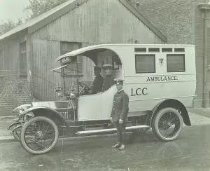 Prints of GHL1787418 London County Council ambulance and ambulance staff, 1920 (b/w photo) by English Photographer, (20th century); London Metropolitan Archives Ambulance Prints: London County Council Ambulance Print, 1920