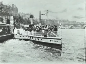 Victorian Era Transportation Prints: London County Council River Steamer leaving Charing Cross Pier, 1905 (b/w photo)