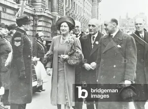 Prints of GHL1787437 The Queen Mother inspecting London Ambulance Service at County Hall, 1941 (b/w photo) by English Photographer, (20th century); London Metropolitan Archives Ambulance Prints: The Queen Mother inspecting London Ambulance Service at County Hall, 1941 Print