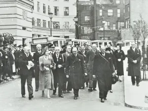 Prints of GHL1787433 The Queen Mother inspecting London Ambulance Service at County Hall, 1941 (b/w photo) by English Photographer, (20th century); London Metropolitan Archives Ambulance Prints: Black and white print of The Queen Mother inspecting the London Ambulance Service