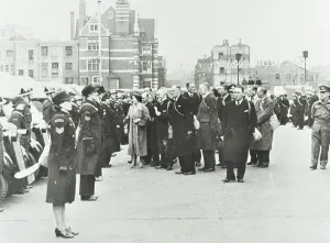 Prints of GHL1787436 The Queen Mother inspecting London Ambulance Service at County Hall, 1941 (b/w photo) by English Photographer, (20th century); London Metropolitan Archives Ambulance Prints: The Queen Mother inspecting London Ambulance Service at County Hall, 1941
