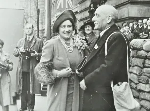 Prints of GHL1787438 The Queen Mother inspecting London Ambulance Service at County Hall, 1941 (b/w photo) by English Photographer, (20th century); London Metropolitan Archives Ambulance Prints: Black and white print of The Queen Mother at County Hall