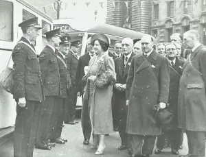 Prints of GHL1787446 The Queen Mother inspecting London Ambulance Service at County Hall, 6th May, 1941 (b/w photo) by English Photographer, (20th century); London Metropolitan Archives Ambulance Prints: Black and white print of the Queen Mother inspecting ambulance staff