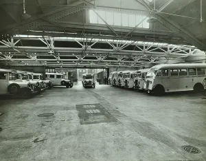 Prints of GHL1787432 Western Ambulance Station: ambulances parked in the garage, 1939 (b/w photo) by English Photographer, (20th century); London Metropolitan Archives Ambulance Prints: Western Ambulance Station Print, 1939 Black and White Photo
