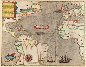 Maritime History England Prints: Route of Drakes voyage across the Atlantic Ocean, 1586 (coloured engraving)
