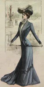 Vintage Women's Clothing Styles Prints: Woman wearing a walking dress, a Diana suit in blue cover-coat