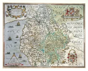 Prints of 985982 A Map of Westmorland and Cumberland, 1576 (hand-coloured engraving) by Saxton Cumberland Prints: 1576 Hand-Coloured Engraving Print of Westmorland and Cumberland