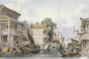 Chinese Prints: Colour Lithograph Print of Horan Canal Scene, c.1850