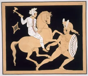 Ancient Greek Warriors Prints: Greek warrior in combat with a mounted Amazon, published 1808-10 (colour litho)