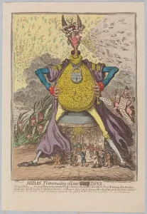 Money Prints: Hand Coloured Engraving Print of Midas, 1797