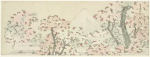 Prints of FIA5400378 Fuji over Cherry Blossom, c.1800-1805 (woodcut) by Hokusai, Katsushika (1760-1849); 20.1 x 55.4 cm; Rijksmuseum, Amsterdam, The Netherlands; Japanese, out of copyright Botanical Prints: Hokusai's Fuji over Cherry Blossom Print, c.1800-1805