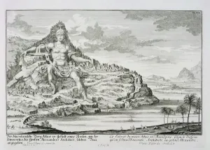 Prints of STC94460 The Colossus of Mount Athos, Macedonia, a design by Dinocrates, the architect of Alexander the Great, plate 18 from Entwurf einer historischen Architektur Macedonia Prints: The Colossus of Mount Athos Print (1721)