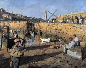 English Coastal Scene Prints: Fitting out, Mousehole Harbour, 1919 (oil on canvas)